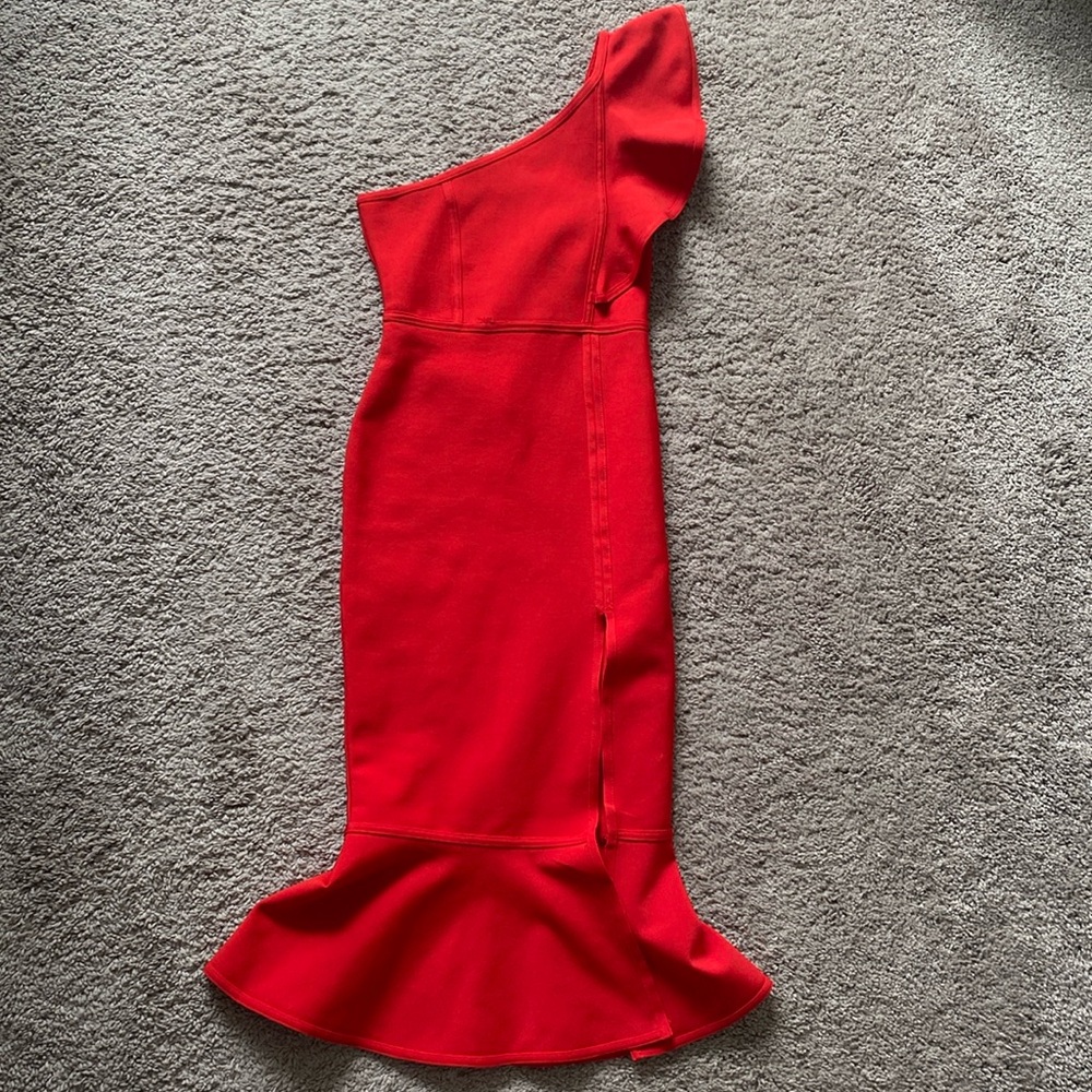 RED ONE SHOULDER RUFFLES BODYCON DRESS - VICI SIZE SM